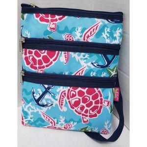 N Gil Crossbody Shoulder Bag Pink Blue Turtle Beach Print Zippered EXCELLENT!